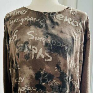 Made in Italy Cocoa Taupe Viscose Knit Top w/ City Names Print & Glitter – US XL
